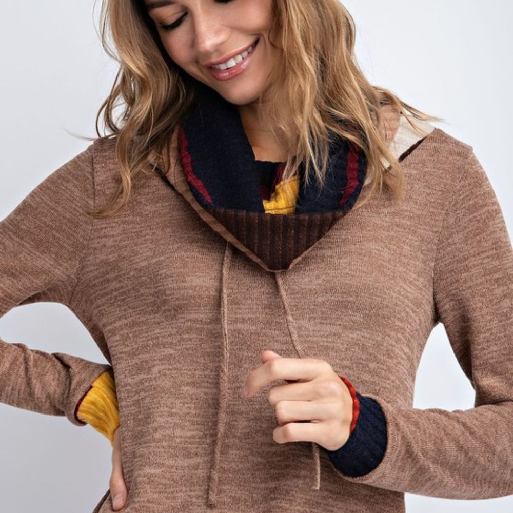 Cowl Neck Drawstring Top Sweater Shirt Camel Soft - Picture 4 of 5